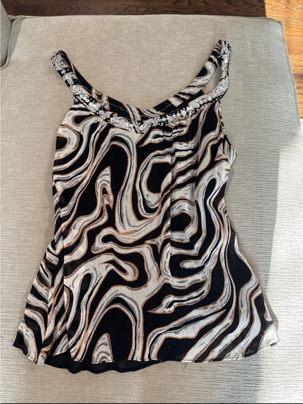 Nostalgia Black, Cream & Tan Swirl Beaded Camisole